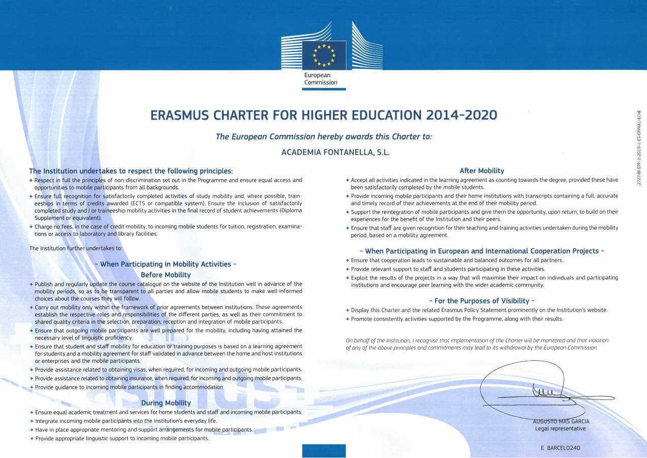 Carta Erasmus concedida per la Comissió Europea a AF (Acadèmia Fontanella) Centre d'Estudis